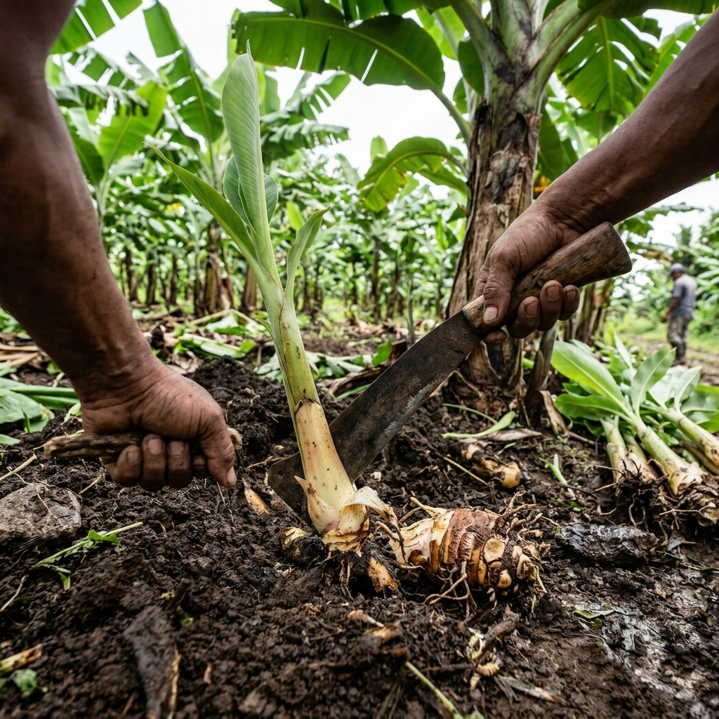 Harvesting fresh banana shoots in farm