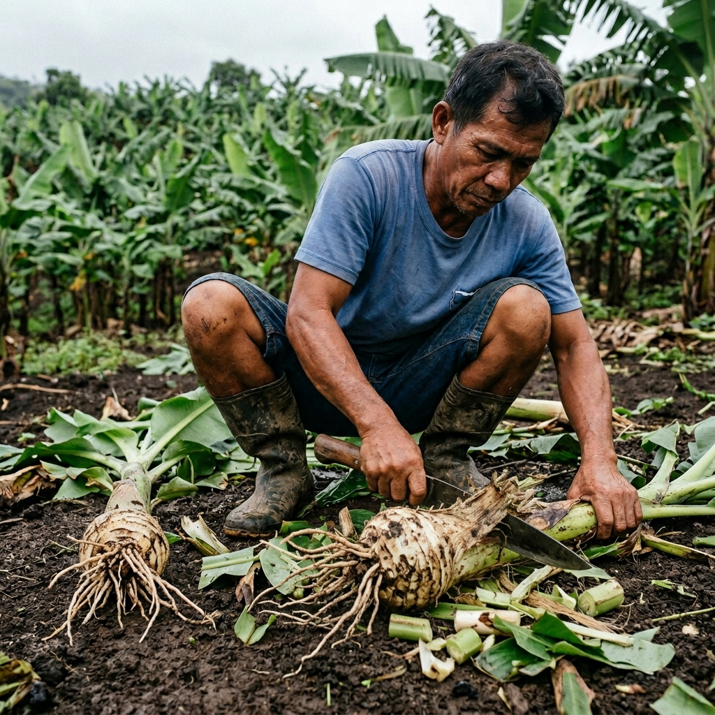 Farmer trimming banana shoot before packing
